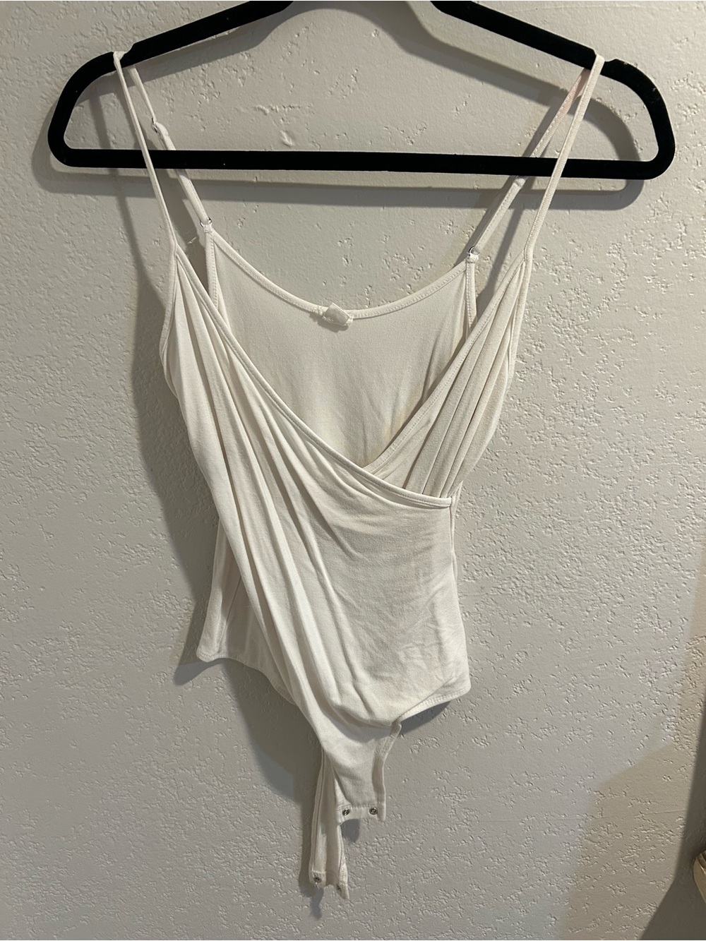 Garage White Draped Crossover Spaghetti Strap Bodysuit